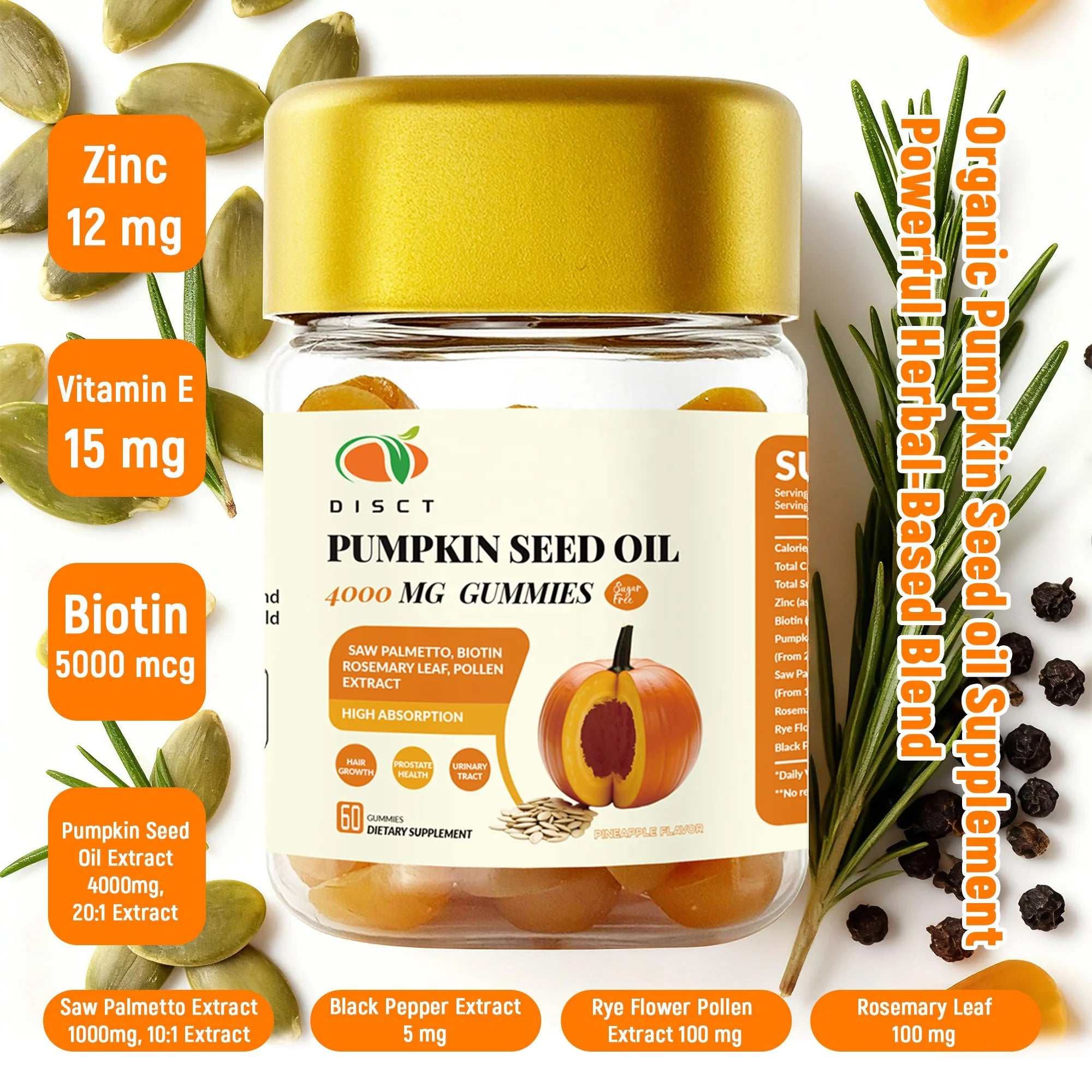 Pumpkin Seed Oil Vitamin Gummies for Hair Growth & Wellness Supplement