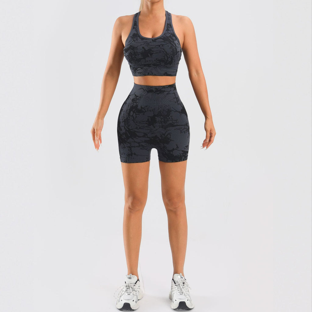 Cross-Border Seamless Knitted Yoga Fitness Wear   Shorts with Breast Pads and Breast-Retracting Vest.