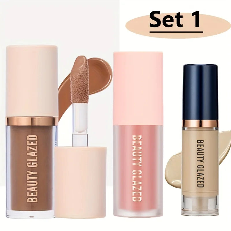 3pcs/Set Long-lasting Waterproof Facial Makeup Set,Blush+Contouring+Foundation.