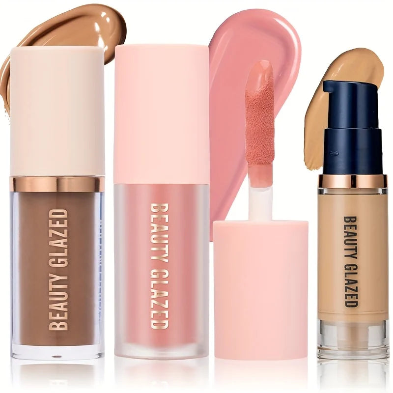 3pcs/Set Long-lasting Waterproof Facial Makeup Set,Blush+Contouring+Foundation.