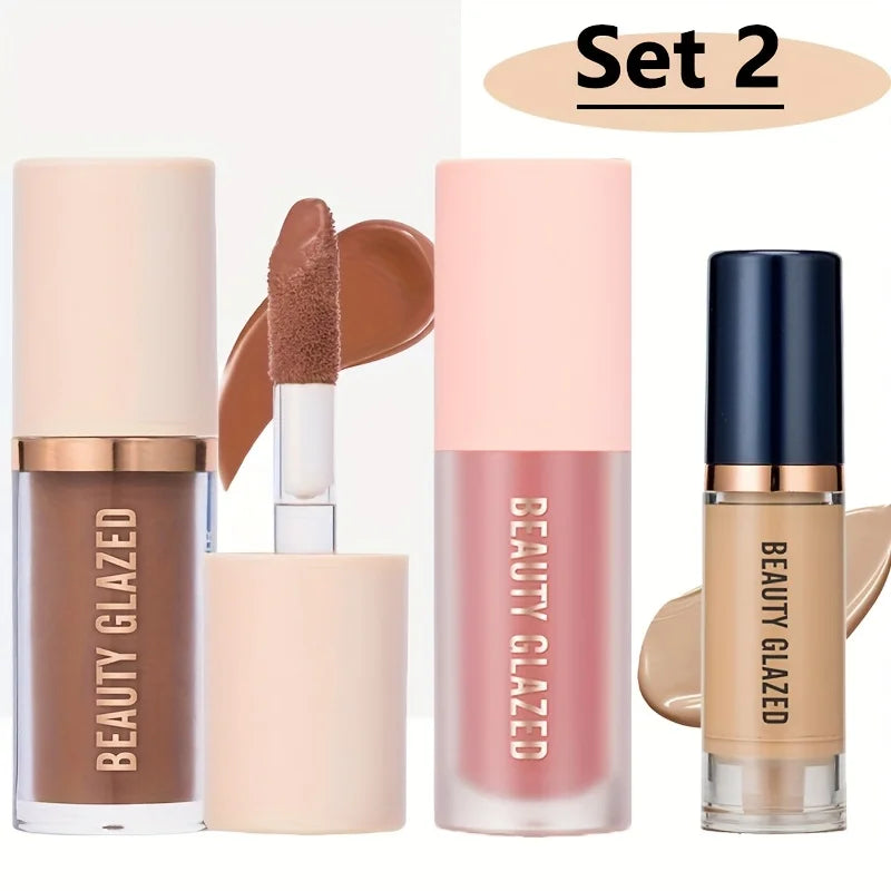 3pcs/Set Long-lasting Waterproof Facial Makeup Set,Blush+Contouring+Foundation.