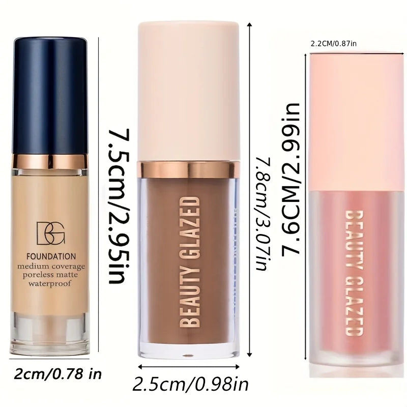 3pcs/Set Long-lasting Waterproof Facial Makeup Set,Blush+Contouring+Foundation.