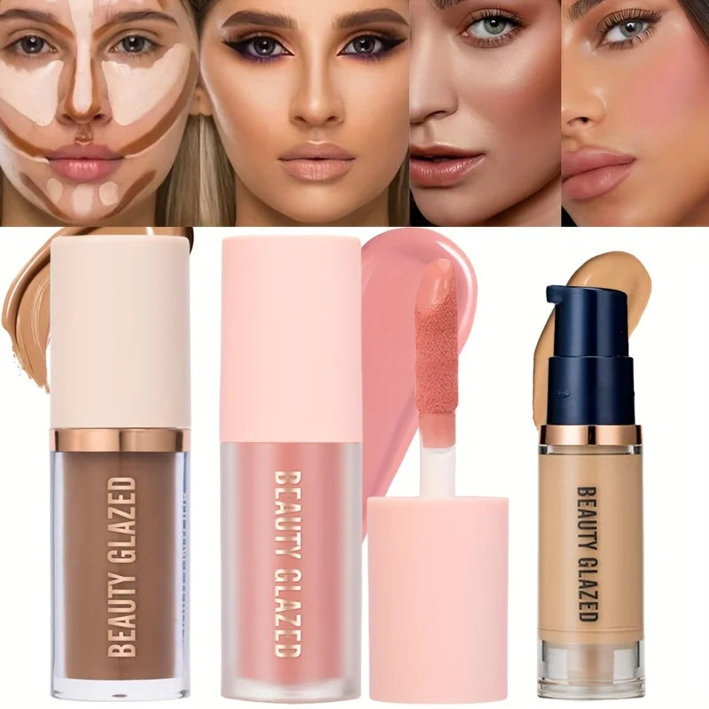 3pcs/Set Long-lasting Waterproof Facial Makeup Set,Blush+Contouring+Foundation.